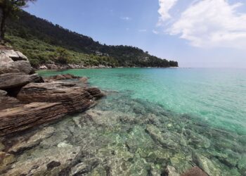 Golden Beach Chrisi Ammoudia Thasos with crystal clear waters and lush green coastline