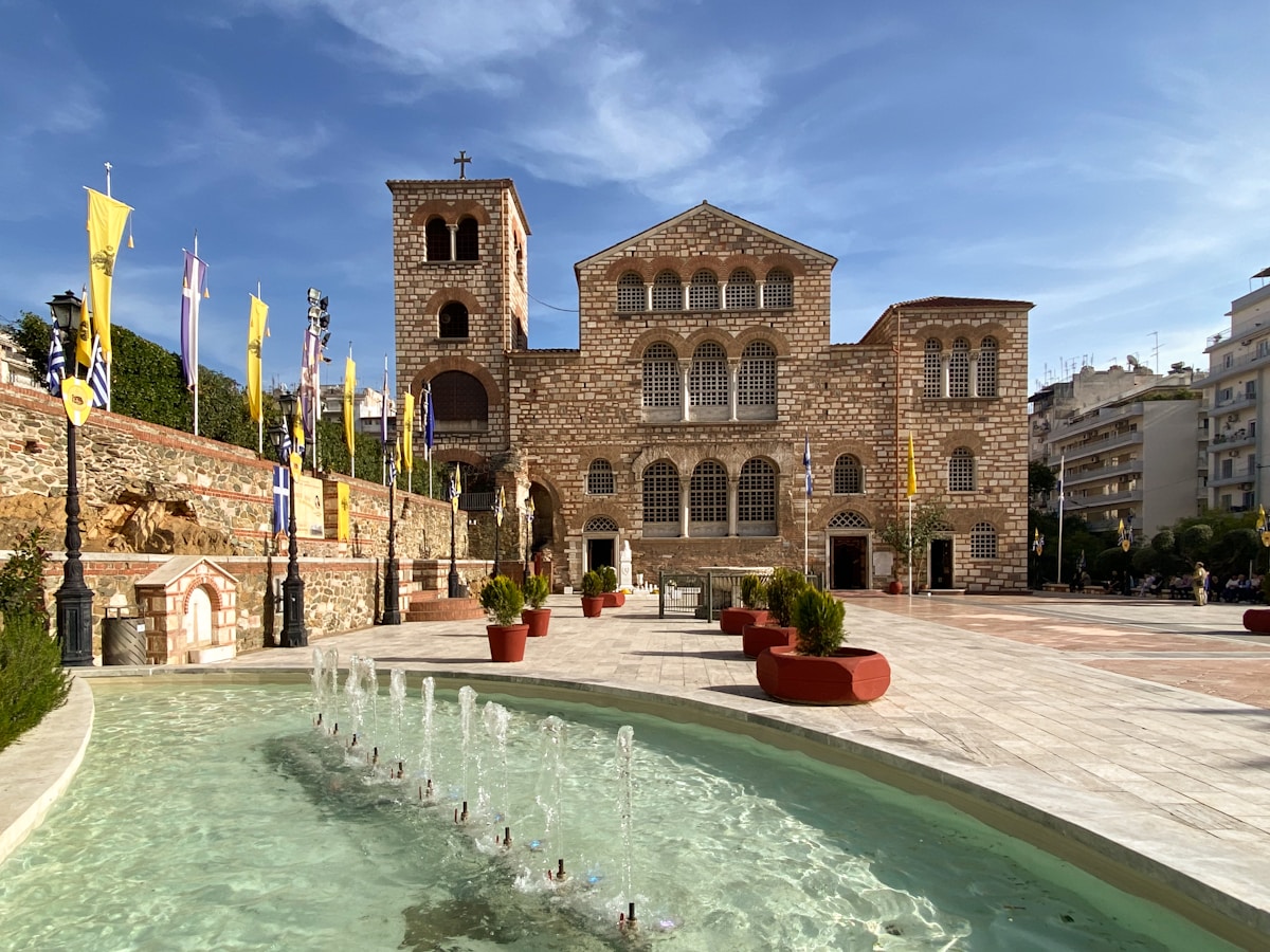 The Church of Saint Dimitrios in Thessaloniki, a large Byzantine basilica with warm stone walls and arched windows