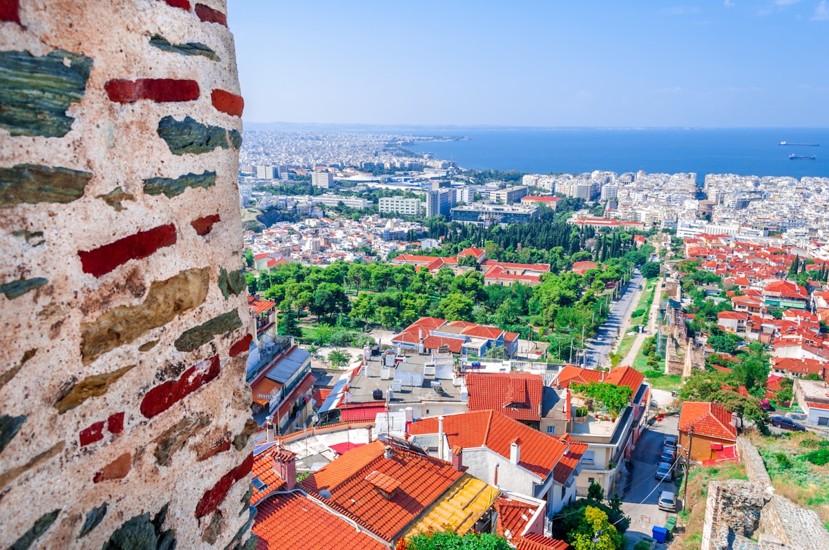 View from the old Upper Town of Thessaloniki looking across rooftops towards the city centre and the Thermaic Gulf
