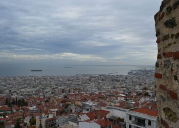Byzantine walls of Thessaloniki with a view toward the port and gulf