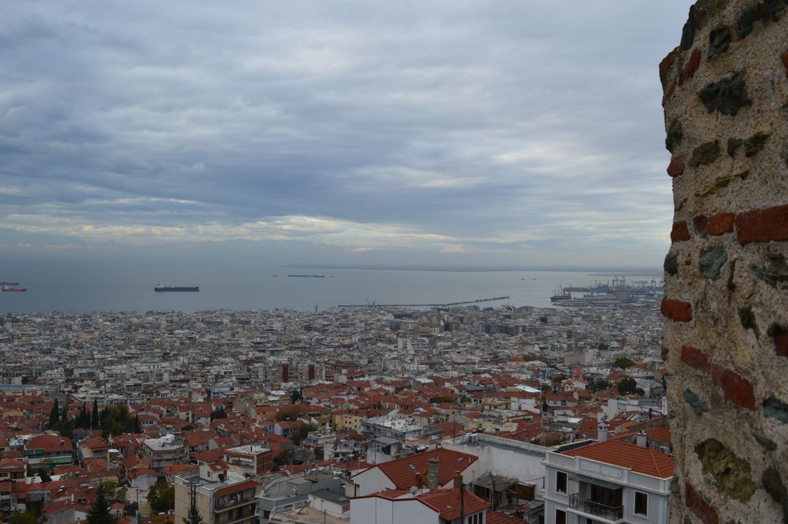View from the Byzantine walls of Thessaloniki looking down over the city and port towards the Thermaic Gulf