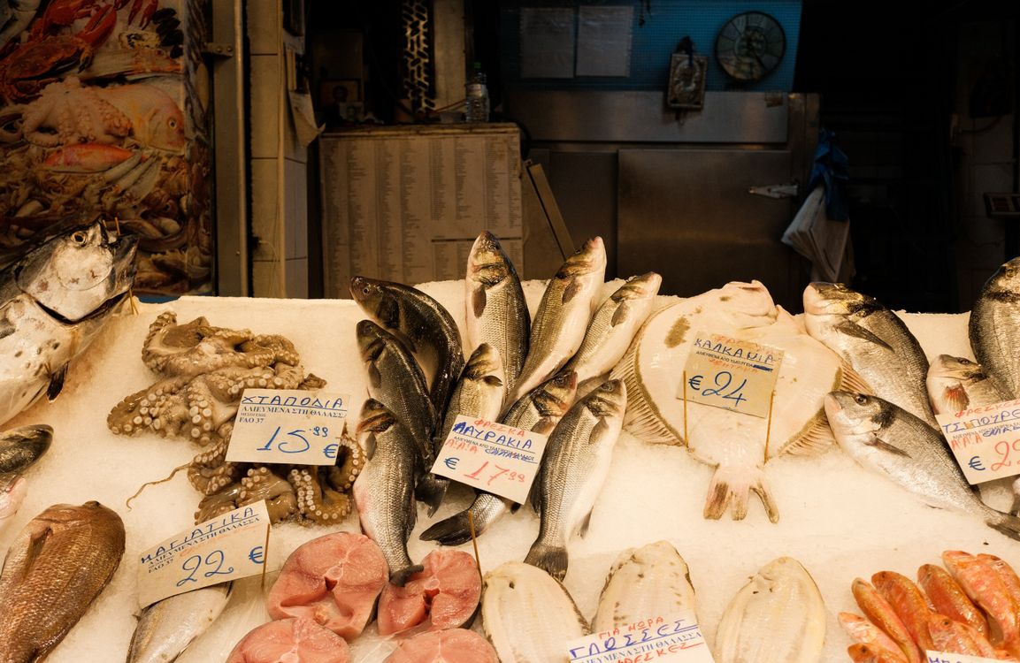 Fresh fish displayed on ice at a market stall in Thessaloniki, Greece