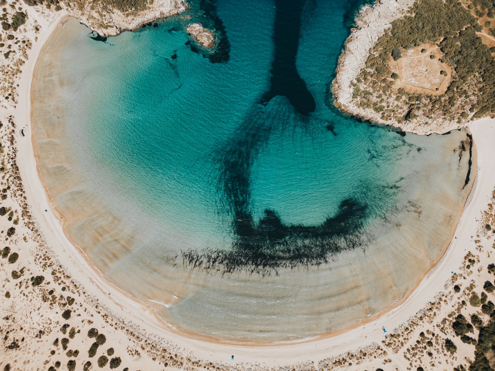 Aerial view of the horseshoe-shaped Voidokilia Beach in Messenia, Peloponnese Greece
