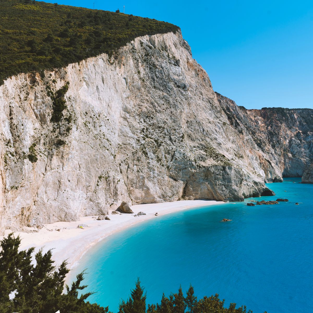 Crystal clear turquoise waters and white cliffs at Porto Katsiki beach, Lefkada, Greece