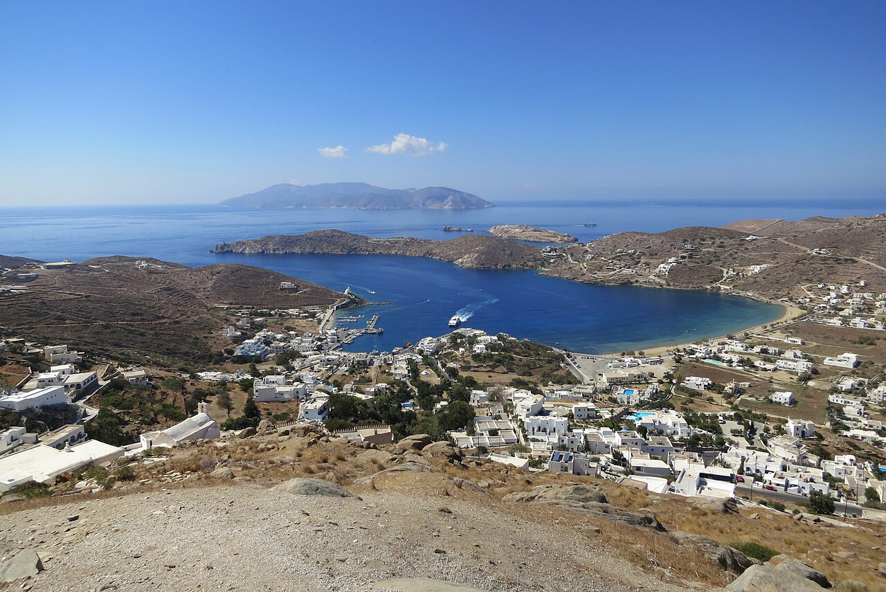 The port of Ormos in Gialos bay on Ios island viewed from the hilltop Kastro