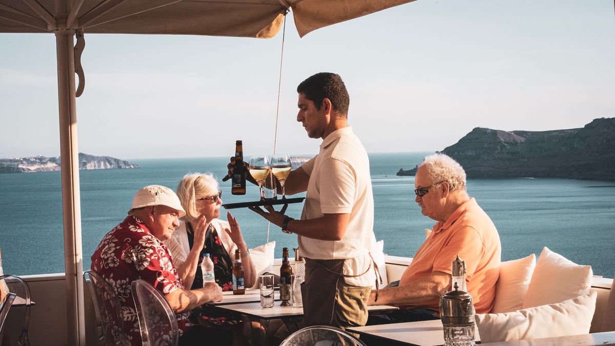 Seaside dining with caldera views in Fira, Santorini