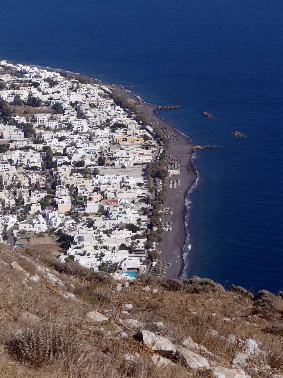 Aerial view of Kamari Beach and town in Santorini